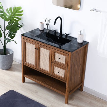 Jasper Rattan Modern Coastal 2-Shelf Bath Vanity Cabinet Only (Sink Basin Not Included)